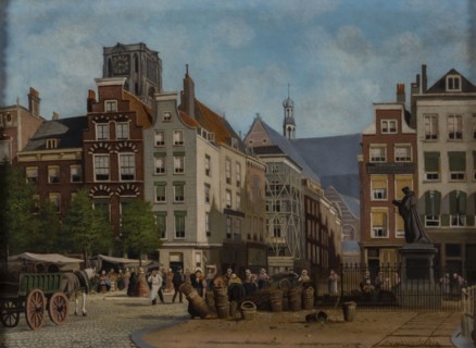 Franciscus Lodewijk van Gulik (Maastricht 1841 - Rotterdam 1899), View of the Grotemarkt with statue of Erasmus, Rotterdam