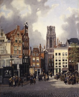 Franciscus Lodewijk van Gulik (Maastricht 1841 - Rotterdam 1899), The Grotemarkt on market day with the house In Duysent Vreesen