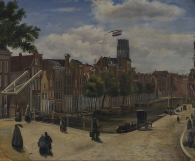 Jan Bikkers, View of the Delftsevaart and the Haagseveer, Rotterdam, cityscape painting footage paper cardboard paint