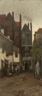 Johan van Hulsteijn, Alley in the Zandstraat area, Rotterdam, cityscape painting artwork wood oil, Oil on panel without frame