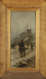 Jan de Jong, Landscape with towpath along the Schie and mill, cityscape painting visual material oil paint wood, Oil on panel