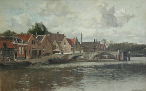 Johannes Christiaan Karel Klinkenberg, Bridge at Overschie, Rotterdam, village view painting material oil paint linen, Signed