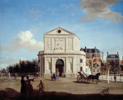 Nicolaes Muys, View of the Delft Gate, Rotterdam, cityscape painting footage wood oil gold gypsum, Painting landscape format