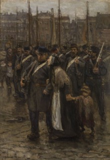 painter: Isaac Israels (Amsterdam 1865 - Den Haag 1934), The transport of colonials from Rotterdam, cityscape painting wood
