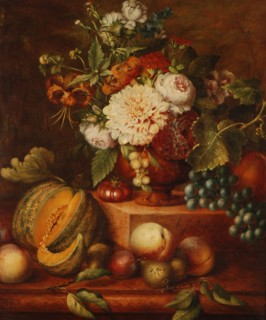 Lodewijk Johannes Nooijen, Still life of flowers and fruits, still life painting visual material wood paint oil paint, Standing