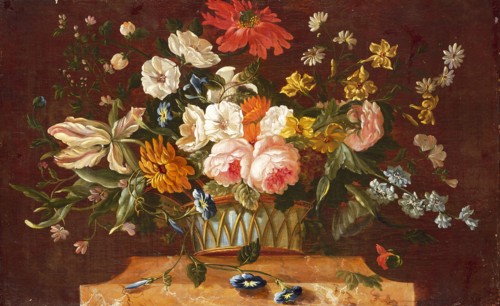 Willem van Leen, Upper door with flower still life, still life painting wallpapering imagery oil paint linen wood, Room