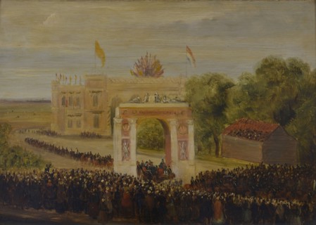 N.J. Rooseboom, Entry Willem III on the Hofplein, Rotterdam, cityscape painting wood gypsum gypsum oil painting, house