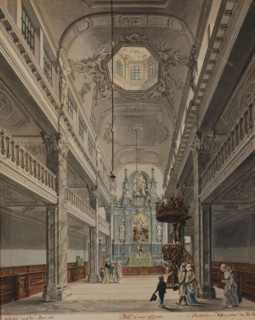 Christoffel Meijer, Interior Paradijskerk seen from the nave to the choir, in gilded frame with ornament edge, Rotterdam, print