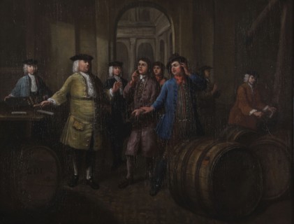 Interior of Stock Exchange during trade in madder, Rotterdam, painting visual material linen oil paint, Oil on canvas
