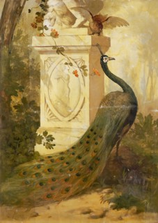 Willem Adrianus Fabri, Door (bottom part) with amorepicture and peacock on the front, without frame and frame, door painting