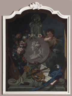Elias van Nijmegen (Nijmegen 1667 - Rotterdam 1755), Portrait of woman in setting with musical instruments, bedroom wallpaper