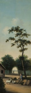 Arcadian local landscape with foreground sheep shepherd with two sheep and on background pair under treeslaan, landscape room