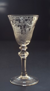 Chalice, engraved with 't Welvaren van St. Iansgild (pirate and wineglass guild), wine glass drinking glass drinking utensils