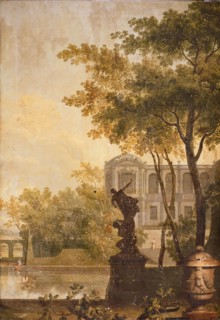 Jan Stolker, Wallpaper with representation park landscape with sculpture, garden vase and building in background, landscape