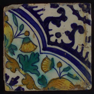 Ornament tile, diagonal ornament in quatrefoil with bows in which orange apples and flowers, palm corner, corner pattern rosette