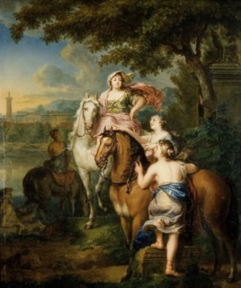 Gerard Sanders, The flight of Cloelia over the Tiber, painting footage wood oil, Cloelia on horseback plus two other hostages