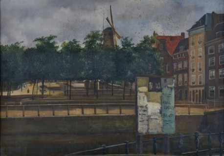 Jan Bikkers, Blue windmill and Veemarkt with an advertisement plate on the quay, Rotterdam, cityscape painting visual material