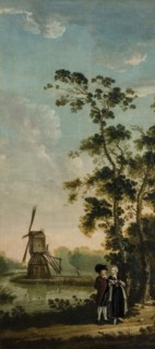 Arcadian local landscape with foreground rich couple in trees and in background old mill with two people at water, landscape