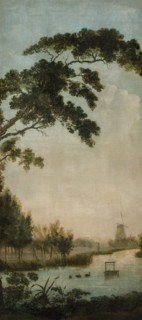 Arcadian local landscape with water in the foreground with waterfowl and shadowy windmill in the background, landscape room