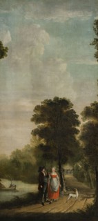 Arcadian local landscape with couple working in the foreground with dog on the road and in the background man and woman