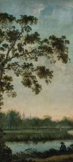 Arcadian local landscape with fisherman on the forehead and in the middle of the peasant woman with cows and sheep