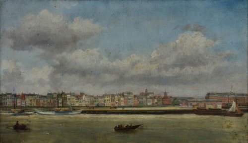 Jan Bikkers, Oosterkade with the far left the Rijksentrepot, Rotterdam, cityscape painting visual material paper oil painting