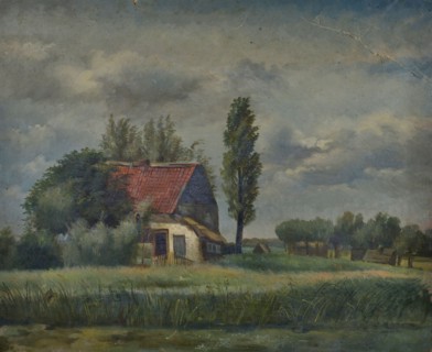 Jan Bikkers, Remains of Zijdewinde monastery, farm between trees in meadow landscape, Rotterdam, village view painting visual