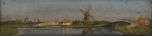 Jan Bikkers, View of the Rotte under Rubroek with wipwater mill and Hooge Rottebrug, Rotterdam, village view painting footage