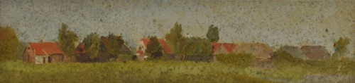 Jan Bikkers, Strip farms and trees with meadow in the foreground, Rotterdam, painting footage paper cardboard paint with carrier