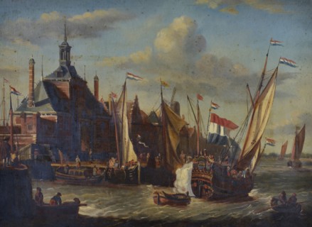 Jan Bikkers, Ooster Oudehoofdpoort with sailing ships moored in the foreground and saluting Statenjacht, Rotterdam, painting