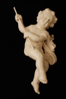 Wooden little angel with scythe, ornament wood carving sculpture wood painting, Two wooden angels (mirrored) one with hourglass