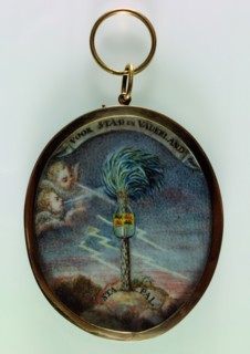 Oval gold medallion with palm tree with shield with coat of arms of Rotterdam, medallion miniature painting footage watercolor