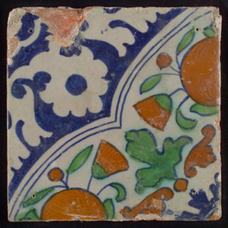 Ornament tile, diagonal ornament in quatrefoil with bows in which orange-apples and flowers, palm corner, corner pattern rosette