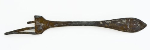 Fork with (originally) four teeth and flat handle with pointed end, fork cutlery soil find tin metal, Fork with four tines