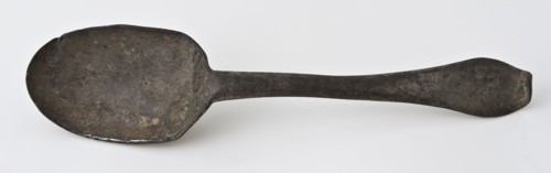 Hendrick van Duyveland (?), Spoon with elongated oval bowl and flat handle with pointed end, spoon cutlery soil find tin metal