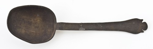 Hendrick van Duyveland, Pewter spoon with wide-oval bowl, rat tail and rump, handle end pied the biche, spoon cutlery soil find