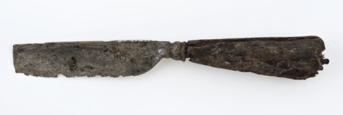 Blade with attached handle protector and narrowed stern, with tapered handle, knife cutlery soil find iron wood metal, Blade