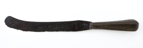 Knife with slightly curved blade and wooden handle, knife cutlery soil find iron wood metal, Long back curved blade