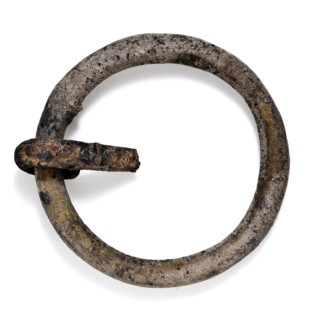 Round buckle with machined angel, clasp fastener component soil find bronze copper metal, cast Large round clasp made of copper
