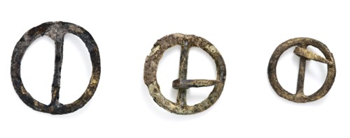 Three small buckles, round with middle post, clasp fastener component soil find brass copper metal largest, cast sawn 3 buckles