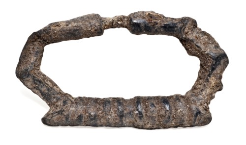 Pewter ornamental buckle, buckle fastener component soil find tin metal, cast Pewter ornamental buckle in the shape of Gothic