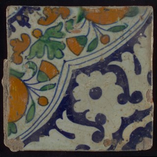 Ornament tile, diagonal ornament in quatrefoil with bows in which orange-apples and flowers, palm corner, corner pattern rosette