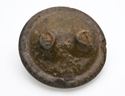 Earthenware lid, red shard, partly glazed, lid closure soil found ceramic earthenware glaze lead glaze, hand turned hand shaped