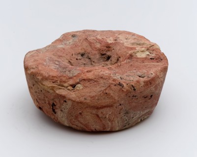 Earthenware disc with cavity and tapered walls, artifact soil found ceramic earthenware, shaped baked Round tapered stone