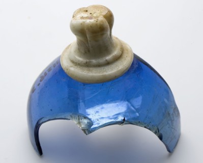 Fragment of glass bird cage basket or bird cage tray in clear blue and opaque white glass, trough container holder soil find