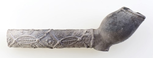 Clay pipe with floral ornament embossed on stem, clay pipe smoking equipment smoke floor pottery ceramics pottery, Pipe with