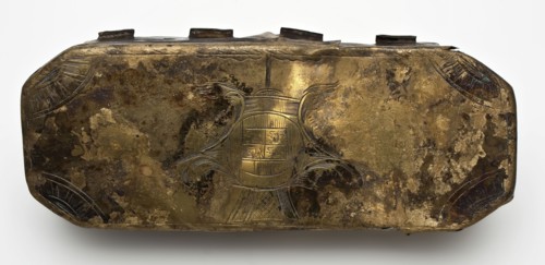 Copper tobacco box, oblong model, decorated with the city arms of Rotterdam, tobacco box holder soil find brass metal, w 5.9