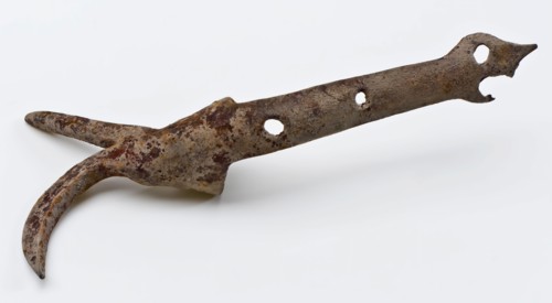 Hook with bent peak and lowering point, towing hook soil found iron metal, Two towing hooks with an up bent and downward bent