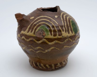 Pottery jug decorated with sludge technology in yellow and green, oil can jar jar foundations ceramic earthenware clay engobe