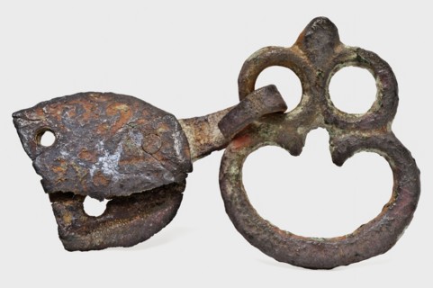 Brass or bronze closure of belt with three eyes, remnant of batter, buckle belt part clothing accessory clothing soil find